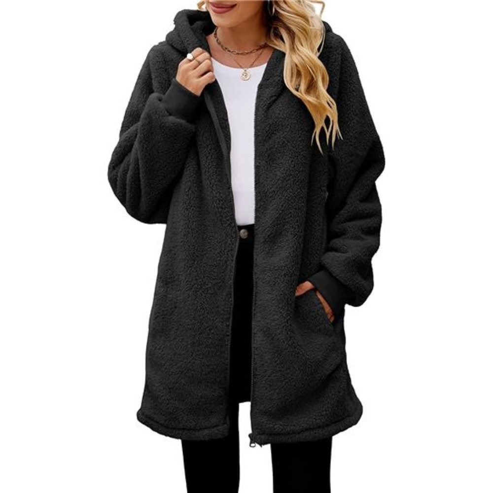 Women Oversized Sherpa Jackets Fuzzy Fleece Hoodies Zip Up Coat with Pockets